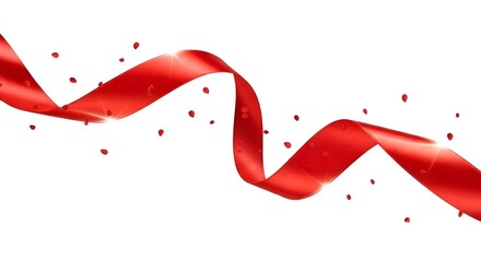 A vibrant red ribbon gracefully flowing across a white background with scattered red confetti pieces around