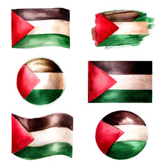 Set of watercolors of Palestinian flag on a white background. Ideal for cultural events about Palestine. Watercolor painting of palestine flag with red triangle black, white and green stripe.