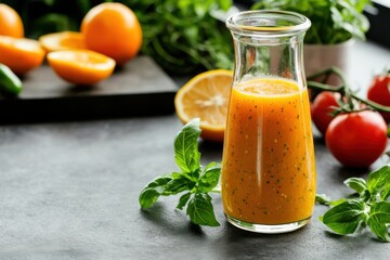 Fototapeta premium Refreshing orange juice preparation kitchen food photography modern close-up healthy lifestyle