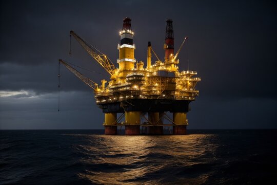 &Ouml;lplattform im Dunkeln mit beleuchteten Maschinen und Meereswellen, Offshore-&Ouml;lindustrie, Bohranlage bei Nacht, maritime Energieproduktion