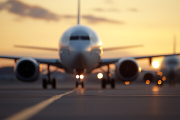 Obraz premium Front view of an airliner at sunset. Focus on the taxiway. Another aircraft is slightly blurred in the background, against a warm sky. Golden hour.