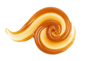 Isolated swirl of creamy caramel sauce for dessert topping, garnish, sweet treat concept
