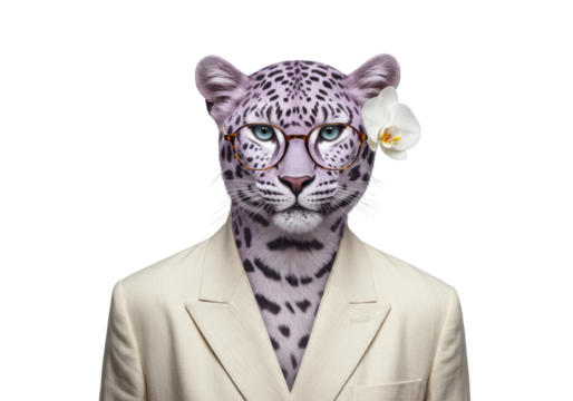 Isolated Personified Snow Leopard Anthropomorphic Animal Wearing Business Suit and Eyeglasses