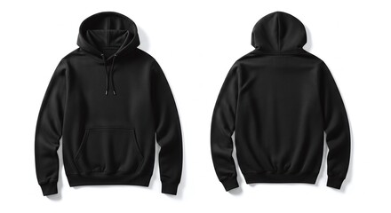 Black hoodie front and back view isolated on white background