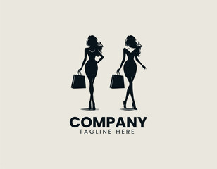 Stylish fashionable woman silhouette vector logo illustration holding multiple shopping bags after successful purchase. Business concept