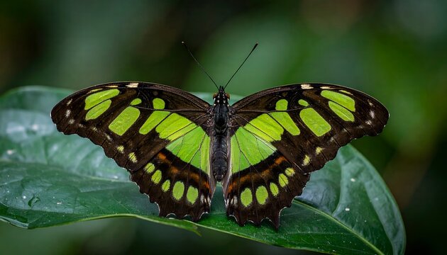A stunning Malachite Butterfly (\text{Siproeta stelenes}) with vibrant lime green and dark brown patterns rests on a lush green leaf in a tropical setting - Powered by Adobe