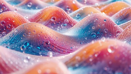 Fluidos vibrantes y burbujas de colores en un mar de ondas suaves bajo la luz de un nuevo amanecer despejado