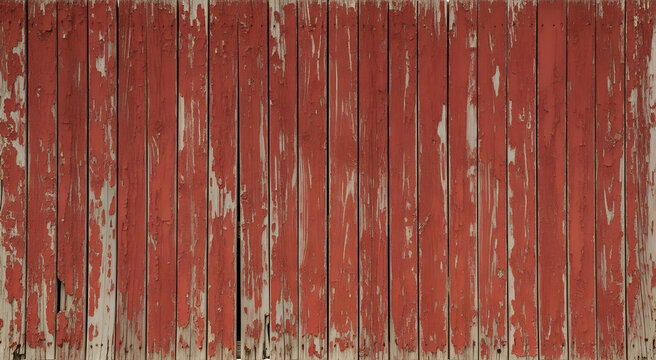 A distressed red painted wooden fence with peeling paint and weathered texture in full frame view