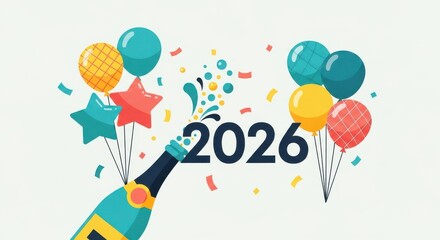 Celebrating new year 2026 with champagne and balloons isolated on white background