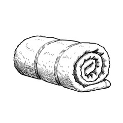Rolled towel with textured fabric, black and white vector illustration on transparent background    