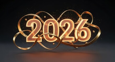 Elegant 3d rendering of the year 2026 with golden ribbons and sparkles
