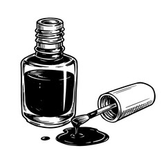 Nail polish bottle with open cap and spilled liquid, black and white vector illustration on transparent background    