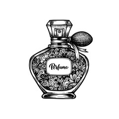 Elegant vintage perfume bottle with floral design and label, black and white vector illustration on transparent background  