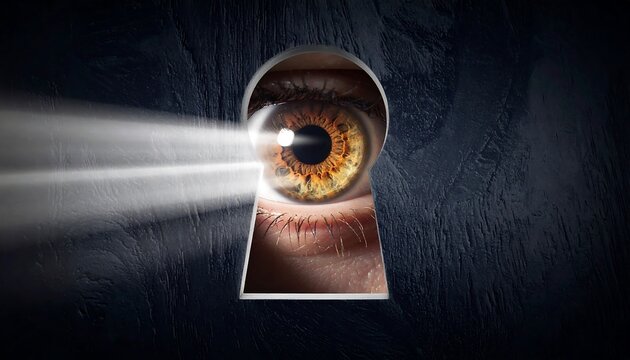 A detailed view of an eye is seen peering through a keyhole. The image uses light and shadow to highlight the eye's intricate details