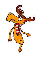 Funny cartoon reindeer with scarf, christmas illustration