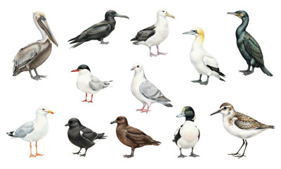 Watercolor Set of Various Sea Birds and Shorebirds