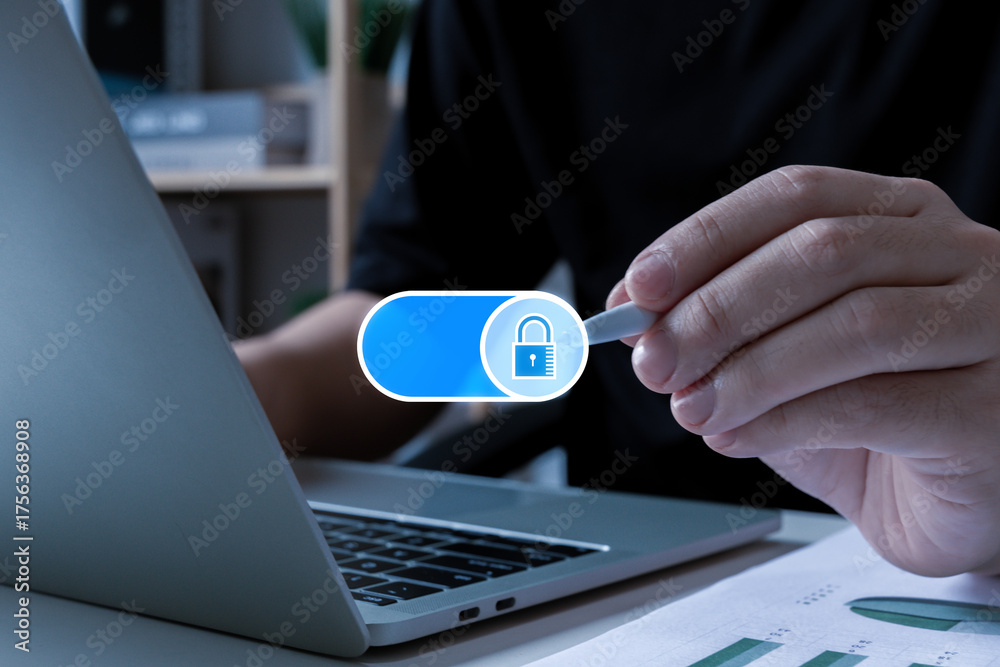 Wall mural Authentication. business people touch lock button on data protection application program with laptop computer, cybersecurity, backup storage management, internet network security technology concept