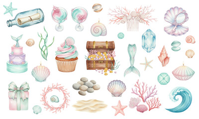 Watercolor Mermaid Themed Celebration and Decor Elements Set