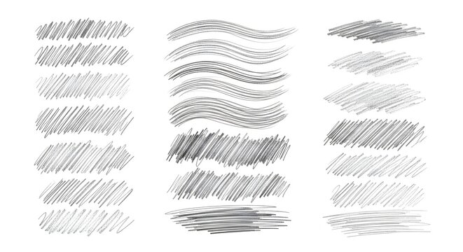 Various pencil stroke textures and shading examples in different styles on a white background art - Powered by Adobe