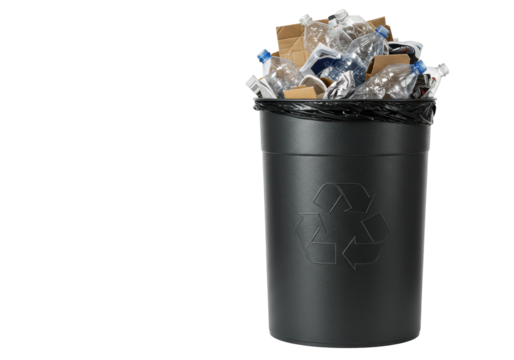 Isolated recycling bin overflowing with plastics and cardboard for eco-friendly concept