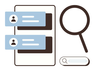 Obraz premium User profile cards with text previews, magnifying glass, and search bar symbolize online connection, networking, and exploration. Ideal for search, hiring, technology, apps analytics communication