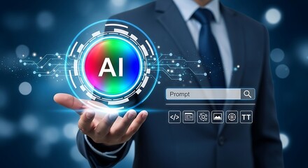 Businessman interacting with AI prompt interface, symbolizing generative artificial intelligence, prompt engineering, content creation by AI, machine learning tools, and digital automation