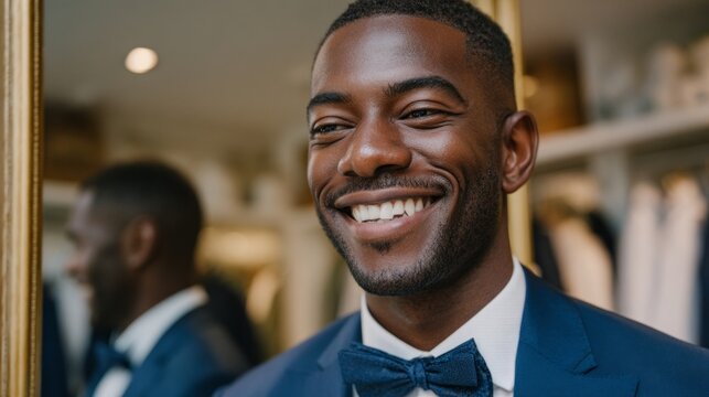 Man in suit smiling at camera in store.