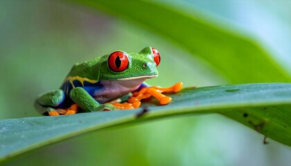 Naklejka premium ​A stunning close-up of a Red-Eyed Tree Frog (Agalychnis\ callidryas) perched on a vibrant green leaf in a tropical rainforest. Its brilliant red eyes, bright green body, and orange feet stand out aga