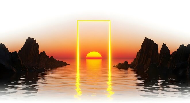 A sunset over water with rocky formations and a glowing yellow rectangular portal in the middle