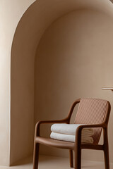 Fototapeta premium Warm-toned chair with towels in arched niche. Simplicity in design. Earthy hues create a comforting ambiance. Minimalist interior design.