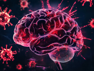 3D illustration depicting a vibrant human brain with virus particles, showcasing the intersection of neuroscience and health awareness