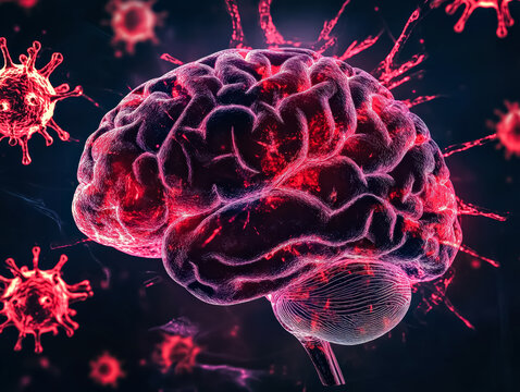 3D illustration depicting a vibrant human brain with virus particles, showcasing the intersection of neuroscience and health awareness
