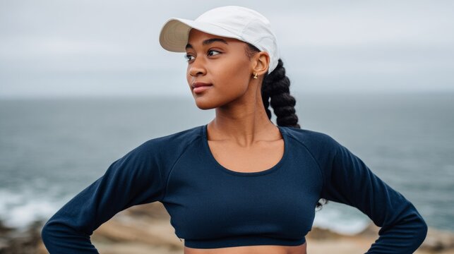 Woman posing in athletic attire against ocean backdrop. - Powered by Adobe