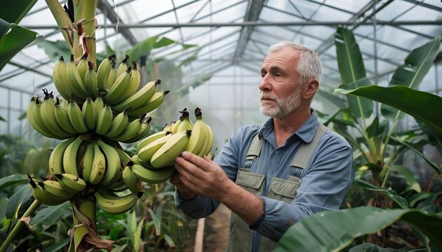 Elderly man inspecting ripe bananas in greenhouse with tropical plants  