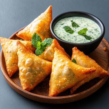 Crispy samosas with mint chutney indian cuisine food photography restaurant setting close-up culinary delight