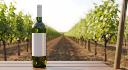 A green wine bottle with a white label standing on a wooden surface in front of a vineyard view outdoors