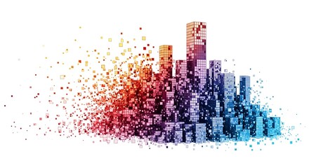 Abstract cityscape composed of colorful cubes fading into scattered pixels on a white background view
