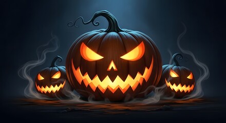 Three glowing jack o lanterns with carved faces surrounded by smoke on a dark background scene