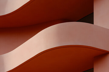 Abstract architectural curves in coral hues creating a warm, textured surface. Minimalist and contemporary aesthetic. Light and shadow interplay.