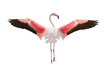 A flamingo spreads its wings in full display, showcasing its vibrant feathers. Its elegant form contrasts against the plain background, highlighting its grace and beauty.
