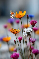 Colorful flowers bloom in a garden while a butterfly rests on a bright orange flower during a sunny day in springtime
