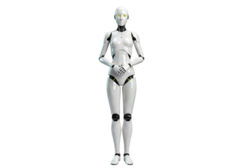 Isolated android robot standing with hands clasped, technological advancement concept