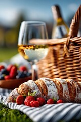 Enjoying a sunny picnic with fresh bread, berries, and wine in a beautiful outdoor setting during late afternoon hours