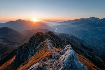 Sunrise over mountains with river valley view in the early morning light