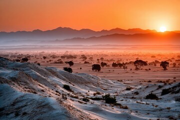Stunning sunset over vast desert landscape with distant mountains and silhouettes of trees in a tranquil evening setting