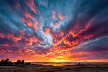 Vivid sunset casts colorful hues over the horizon, painting the sky with shades of orange, pink, and purple at dusk in a serene landscape