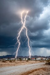 Lightning strikes over a desert landscape near houses, showcasing the dramatic weather phenomenon in an arid region during a storm
