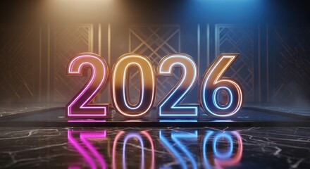 Neon 2026 design with reflection on a wet surface and stage lighting