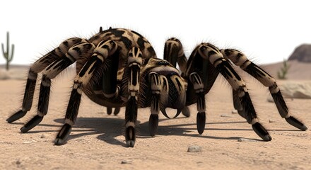 Close up of a tarantula in the desert with its legs spread wide and its fangs visible in the sunlight