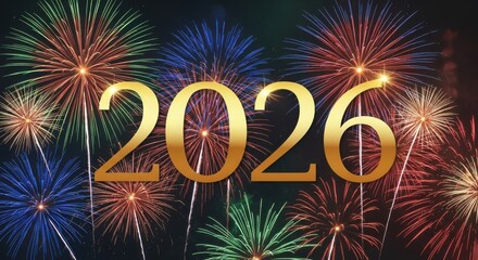 Golden 2026 new year celebration with colorful fireworks in the background